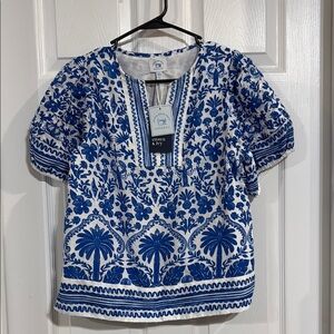crown & ivy NWT White Top with Blue Floral Embroidery